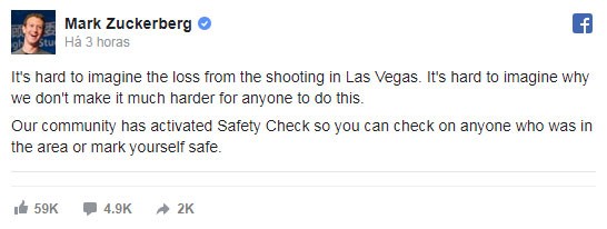Mark Zuckerberg lamenta ataque em Las Vegas: ‘Difícil imaginar por que não tornamos mais difícil para qualquer um fazer isso’
